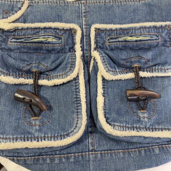 Vintage GAP Denim Shoulder Bag Sherpa Trim Toggle Pockets Y2K 2000s Jean Purse - Picture 3 of 16